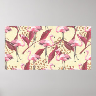 Póster Seamless tropical pattern with pink flamingo, leav