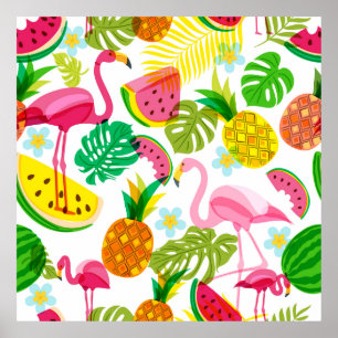Póster Seamless tropical pattern with pink flamingo, palm