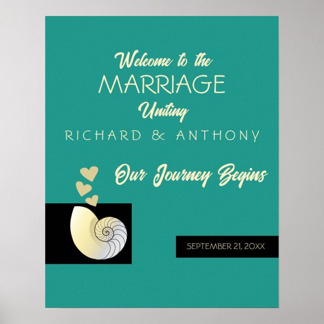 Póster Seashell and Hearts, Bienvenida a la Boda de Playa (Frente)