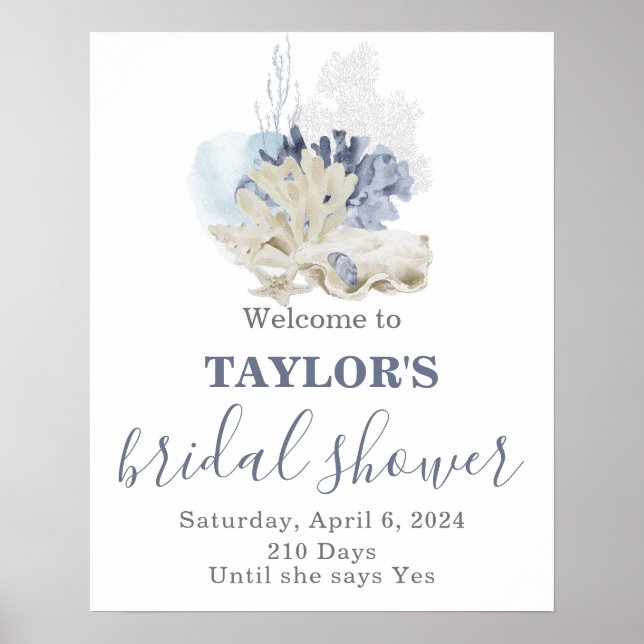 Póster Seashell beach blue bridal shower Welcome (Frente)
