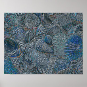 Póster Seashells Ocean Beach Blue Metallic Tema Náutico