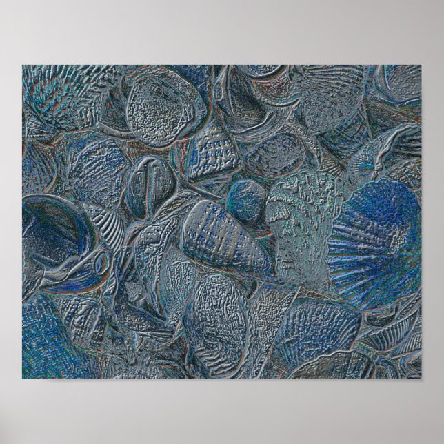 Póster Seashells Ocean Beach Blue Metallic Tema Náutico (Frente)