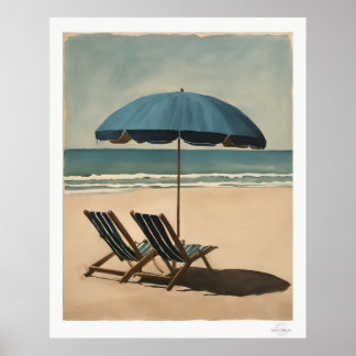 Póster Seaside Blue Umbrella and Beach Chairs Oil Paintin