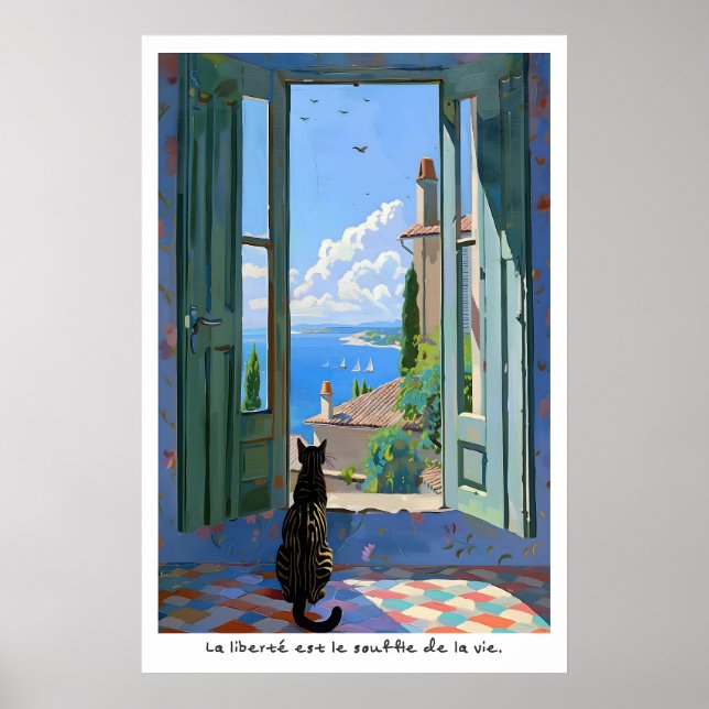 Póster Seaside Cat Art Print French Typography Poster (Frente)