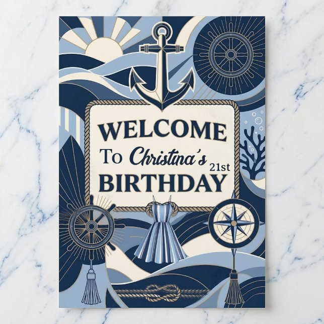 Póster Seaside Stripes Celebration Birthday (Nautical charm for your entry.)