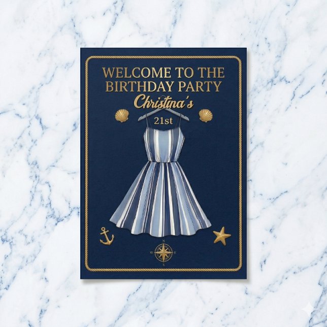 Póster Seaside Stripes Celebration Birthday Poster (Your perfect nautical birthday welcome.)