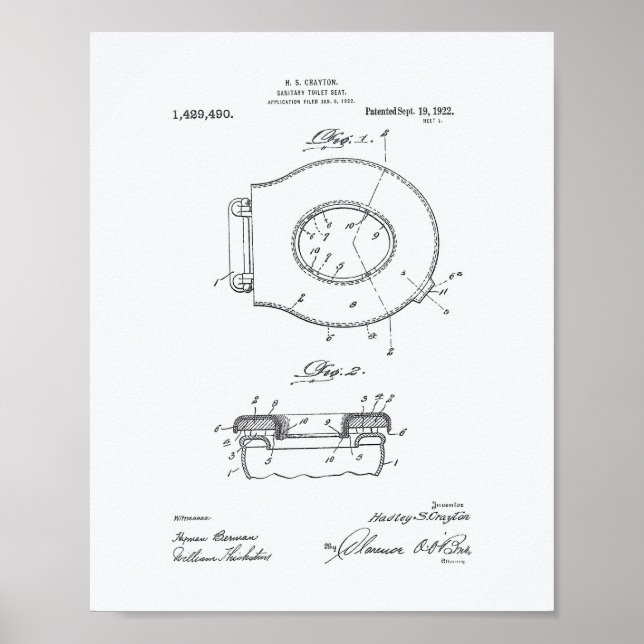Póster Seat Sanitary Toilet Seat 1922 Patent Art White Pa (Frente)