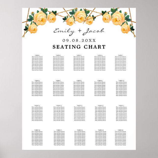 Póster Seating Chart Gold Geometric Orange Floral Wed 200 (Frente)