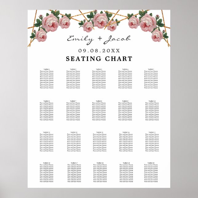 Póster Seating Chart Gold Geometric Pink Floral Wed 200 (Frente)