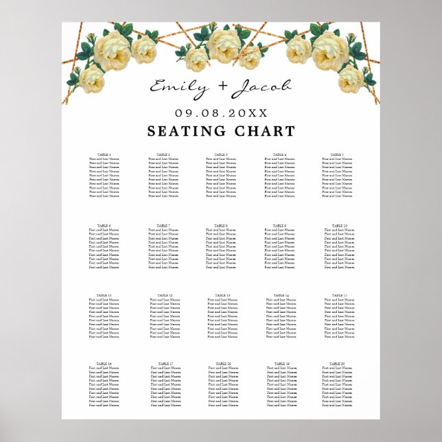 Póster Seating Chart Gold Geometric Yellow Floral Wed 200 (Frente)