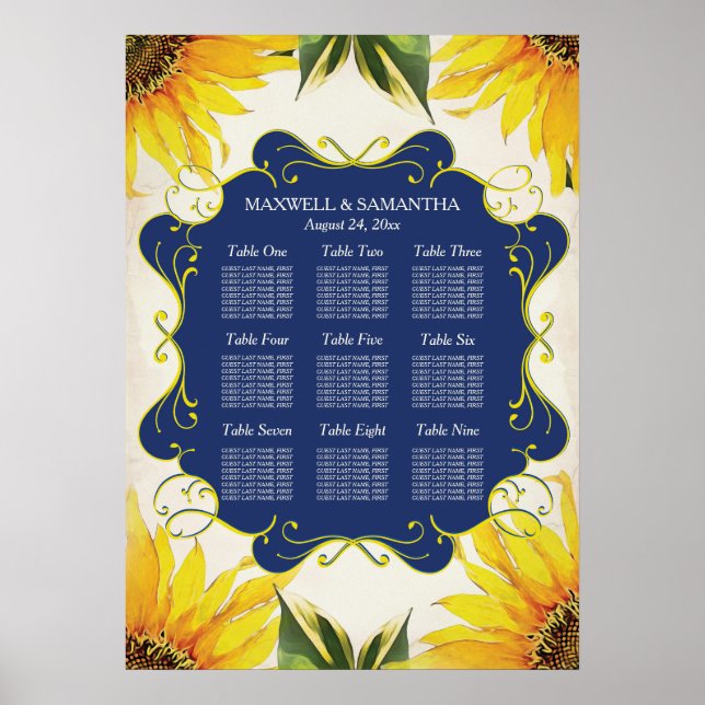 Póster SEATING CHART, Sunflower & Navy Blue (Frente)