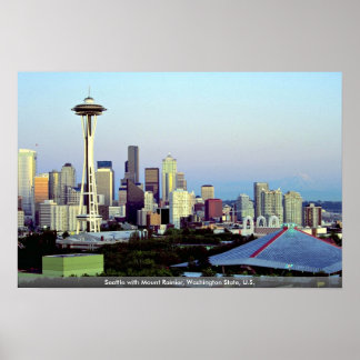 Póster Seattle con Mount Rainier, Estado de Washington, E