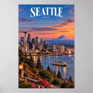 Póster Seattle EE. UU. Space Needle y Mount Rainier Viaje