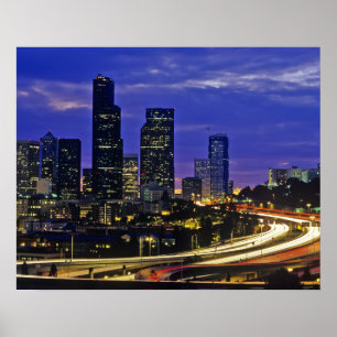 Póster Seattle, el horizonte de Washington por la noche