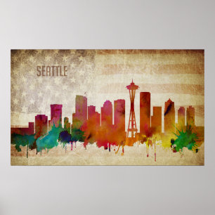 Póster Seattle, horizonte de la ciudad de la acuarela de