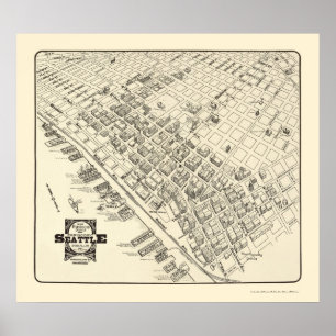 Póster Seattle, mapa panorámico de WA - 1903