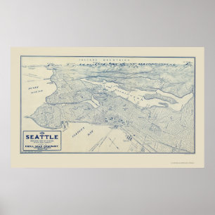Póster Seattle, mapa panorámico de WA - 1925