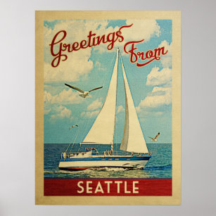 Póster Seattle Sailboat Vintage Travel Washington
