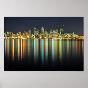 Póster Seattle skyline at night with reflection
