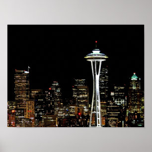 Póster Seattle skyline at night, with Space Needle.
