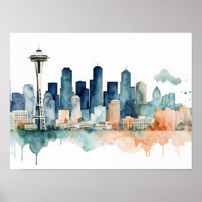 Póster Seattle Skyline in Watercolor hues (Frente)