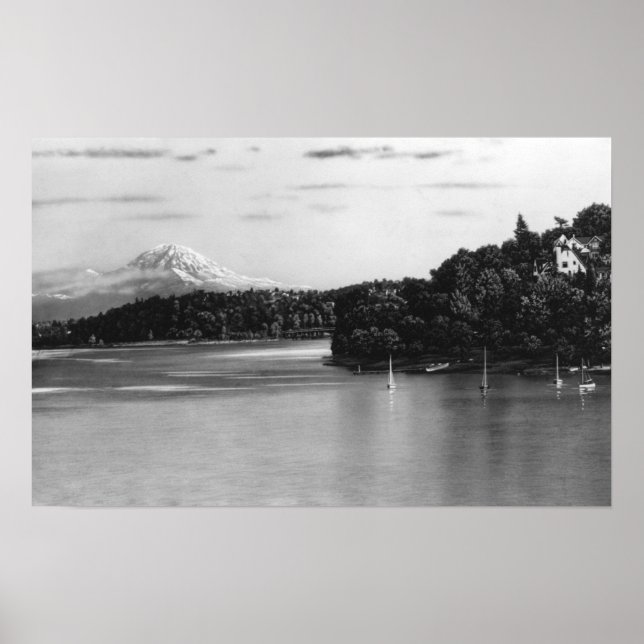 Póster Seattle, WA Lake Washington View y Rainier (Frente)