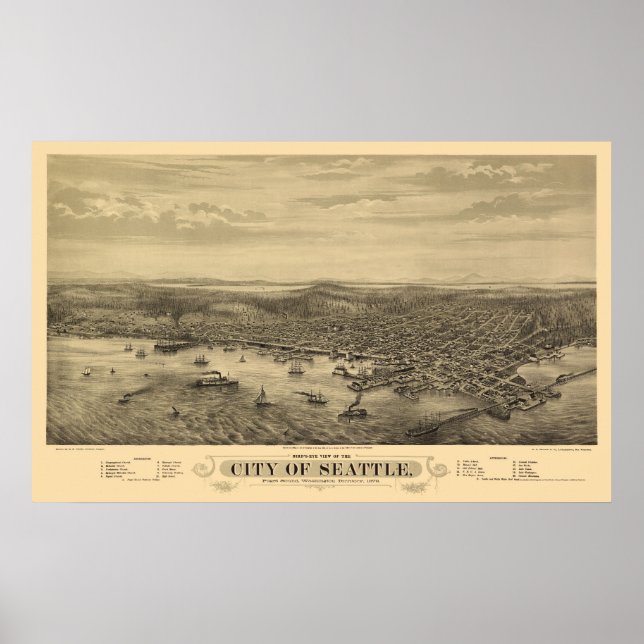Póster Seattle, WA Panoramic Map - 1878 (Frente)
