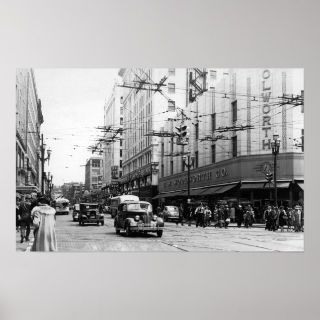 Póster Seattle, WA Street Scene Downtown Photograph (Frente)