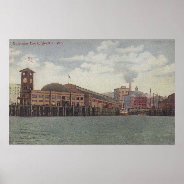 Póster Seattle, WAColeman Dock en la costa de Seattle (Frente)