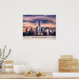 Póster Seattle, Washington Cityscape, etiquetado,