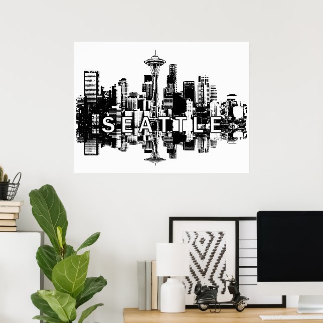 Póster Seattle, Washington en blanco y negro (Oficina en casa)