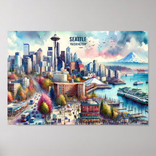 Póster Seattle Washington Famous Travel Places acuarela