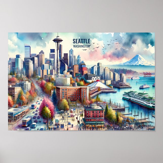 Póster Seattle Washington Famous Travel Places acuarela (Frente)