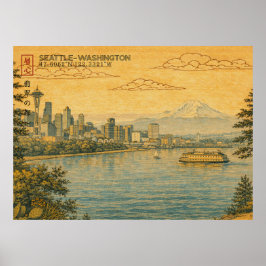 Póster Seattle Washington Skyline in Japanese Ukiyo-e