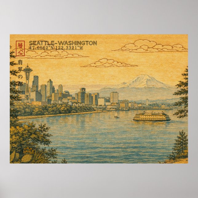 Póster Seattle Washington Skyline in Japanese Ukiyo-e (Frente)