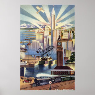 Póster Seattle, Washington - vista del centro de la