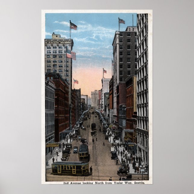 Póster Seattle, Washington - Vista norte de la segunda (Frente)