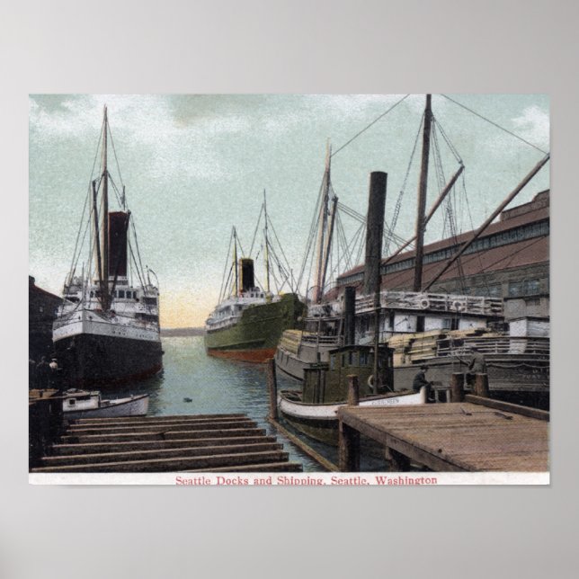 Póster Seattle, WashingtonView del muelle y los barcos (Frente)