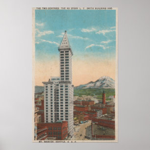 Póster Seattle, WASmith Tower View y el monte Rainier