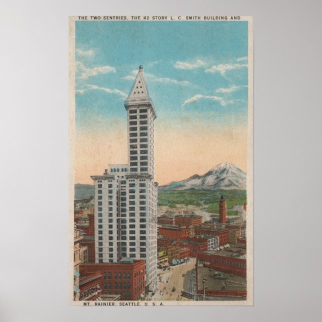 Póster Seattle, WASmith Tower View y el monte Rainier (Frente)