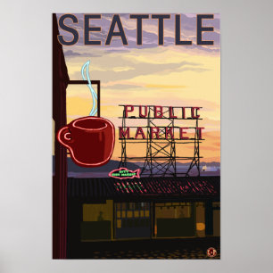 Póster SeattlePike Place Mercado Rótulo y vistas al agua