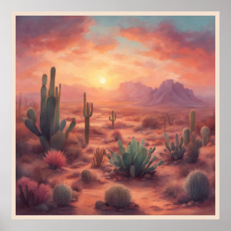 Póster Secuencia del Desierto Cactus Colorful Sunrise Art
