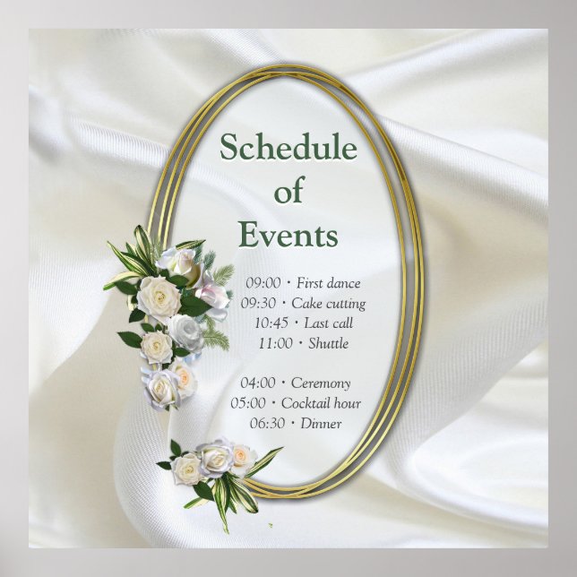 Póster Seda blanca lujosa y fluida y rosas blancas. (Frente)