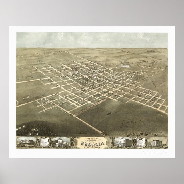 Póster Sedalia, Mapa Panorámico MO - 1869 (Frente)