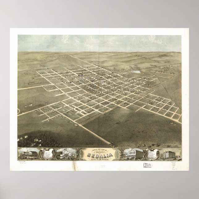 Póster Sedalia Missouri 1869 Mapa Panorámico Antiguo (Frente)