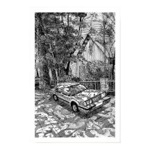 Sedán Vintage Dibujo a Tinta Blanco y Negro Retro