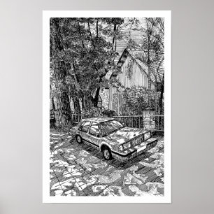 Póster Sedán Vintage Dibujo a Tinta Blanco y Negro Retro