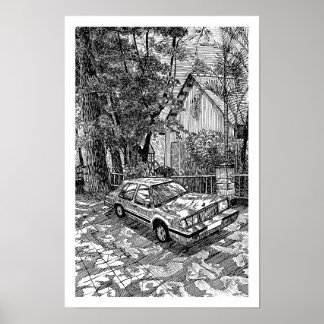 Póster Sedán Vintage Dibujo a Tinta Blanco y Negro Retro