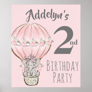 Póster Segundo cumpleaños del Elefante Princesa Balón Gri