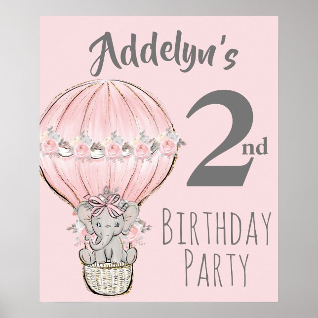 Póster Segundo cumpleaños del Elefante Princesa Balón Gri (Frente)